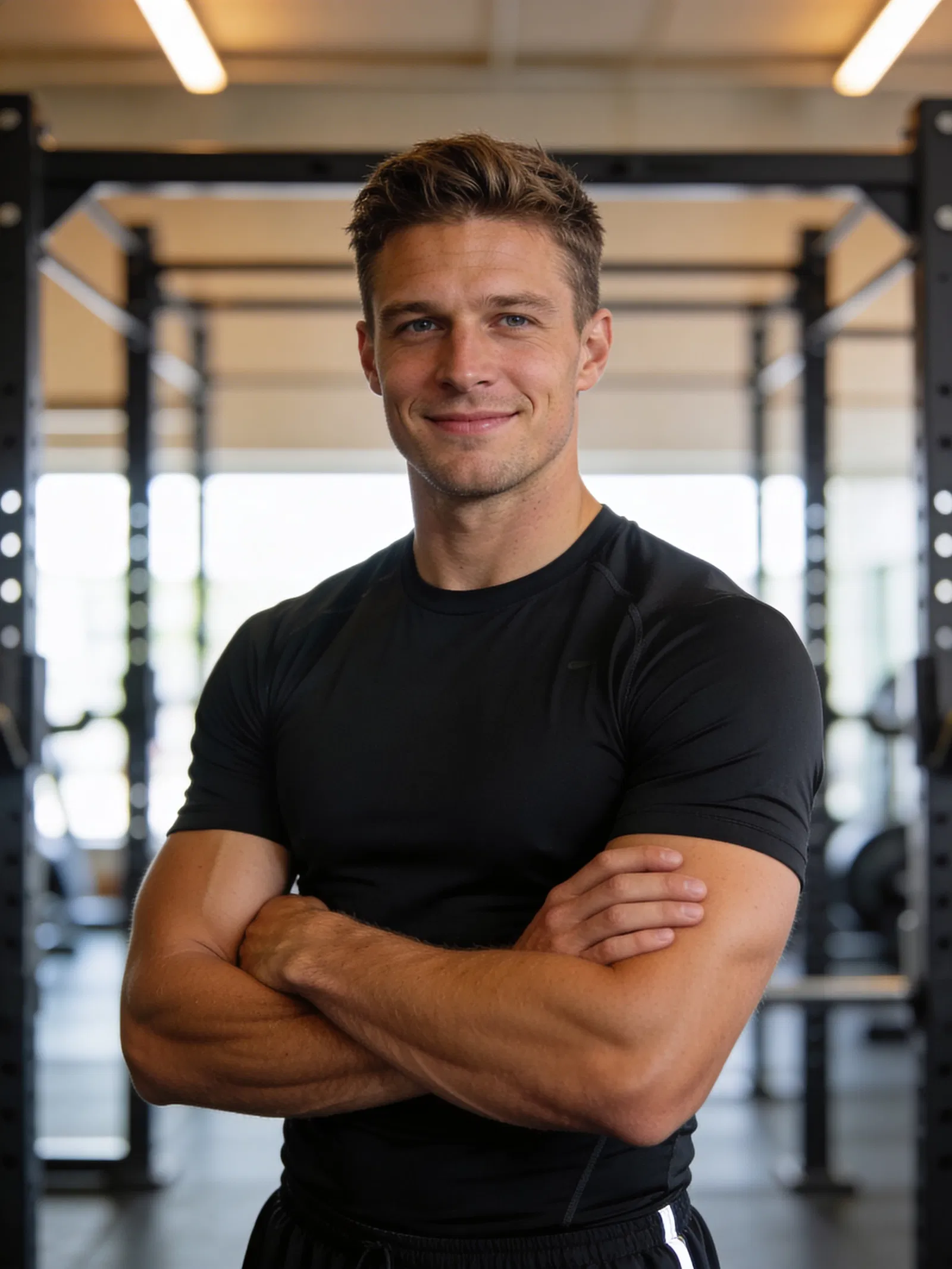 Confident athletic man in gym headshot for fitness photoshoot