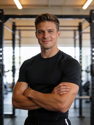 Confident athletic man in gym headshot for fitness photoshoot