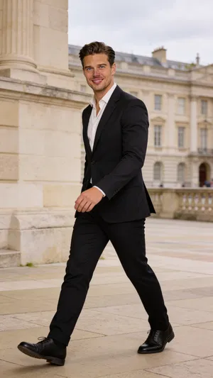 Consistent AI character full-body lawyer lifestyle portrait outdoors near civic building