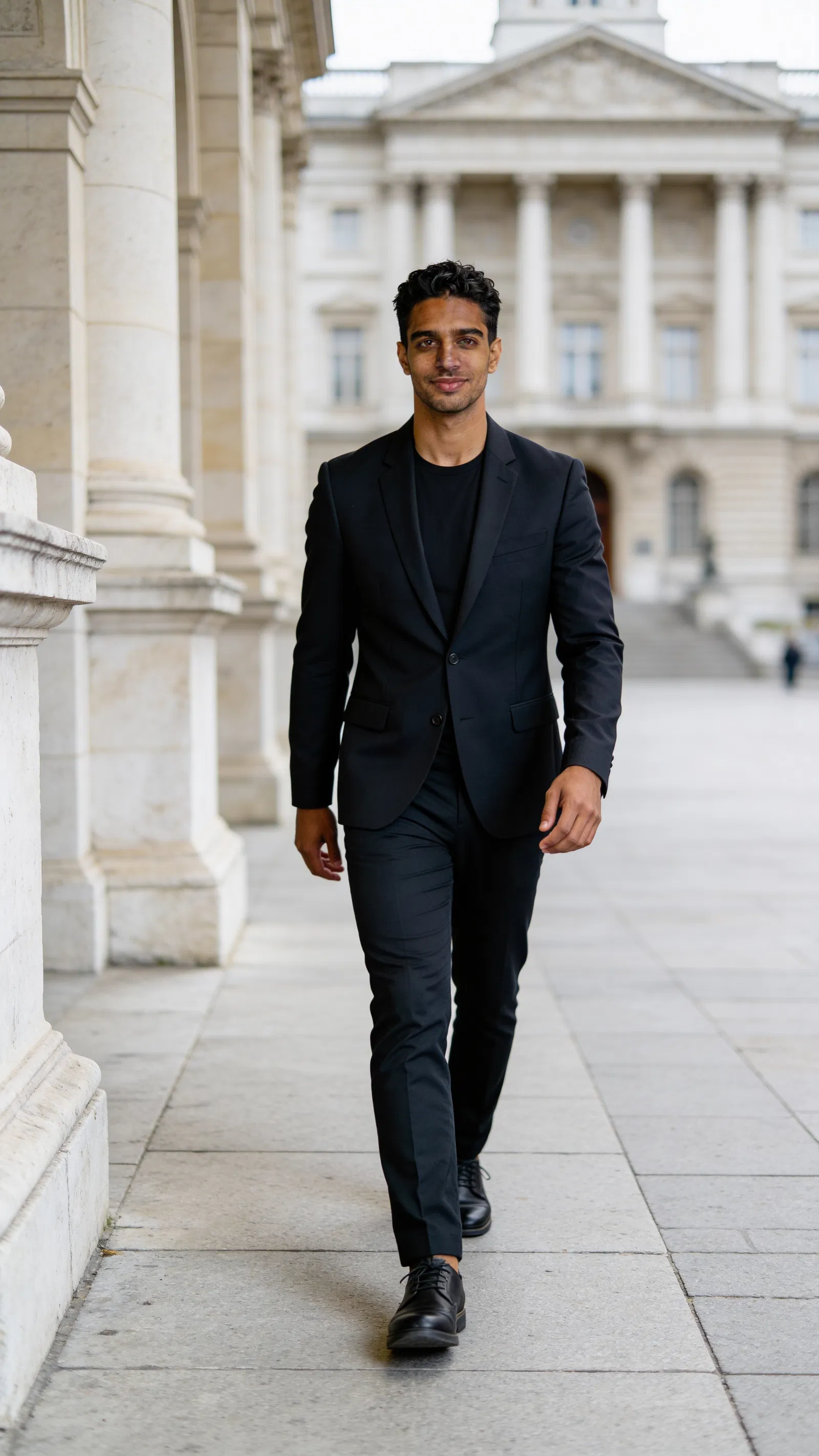 Consistent AI character full-body lawyer lifestyle portrait outdoors near civic building