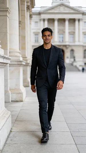 Consistent AI character full-body lawyer lifestyle portrait outdoors near civic building