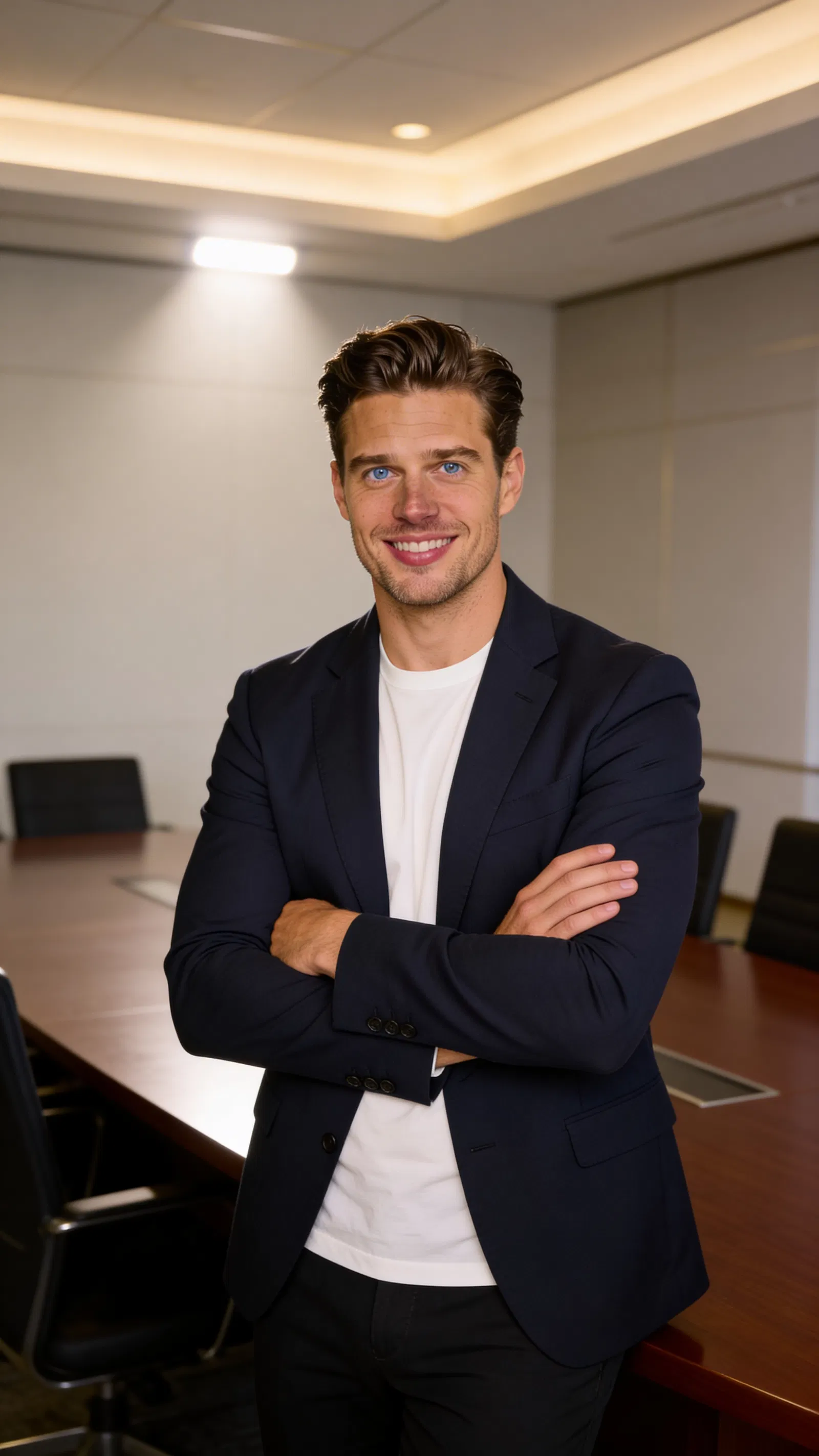 Consistent AI character half-body attorney portrait in conference room with arms crossed