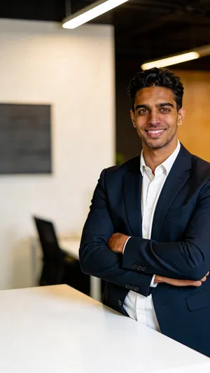 Consistent AI character half-body attorney portrait in conference room with arms crossed