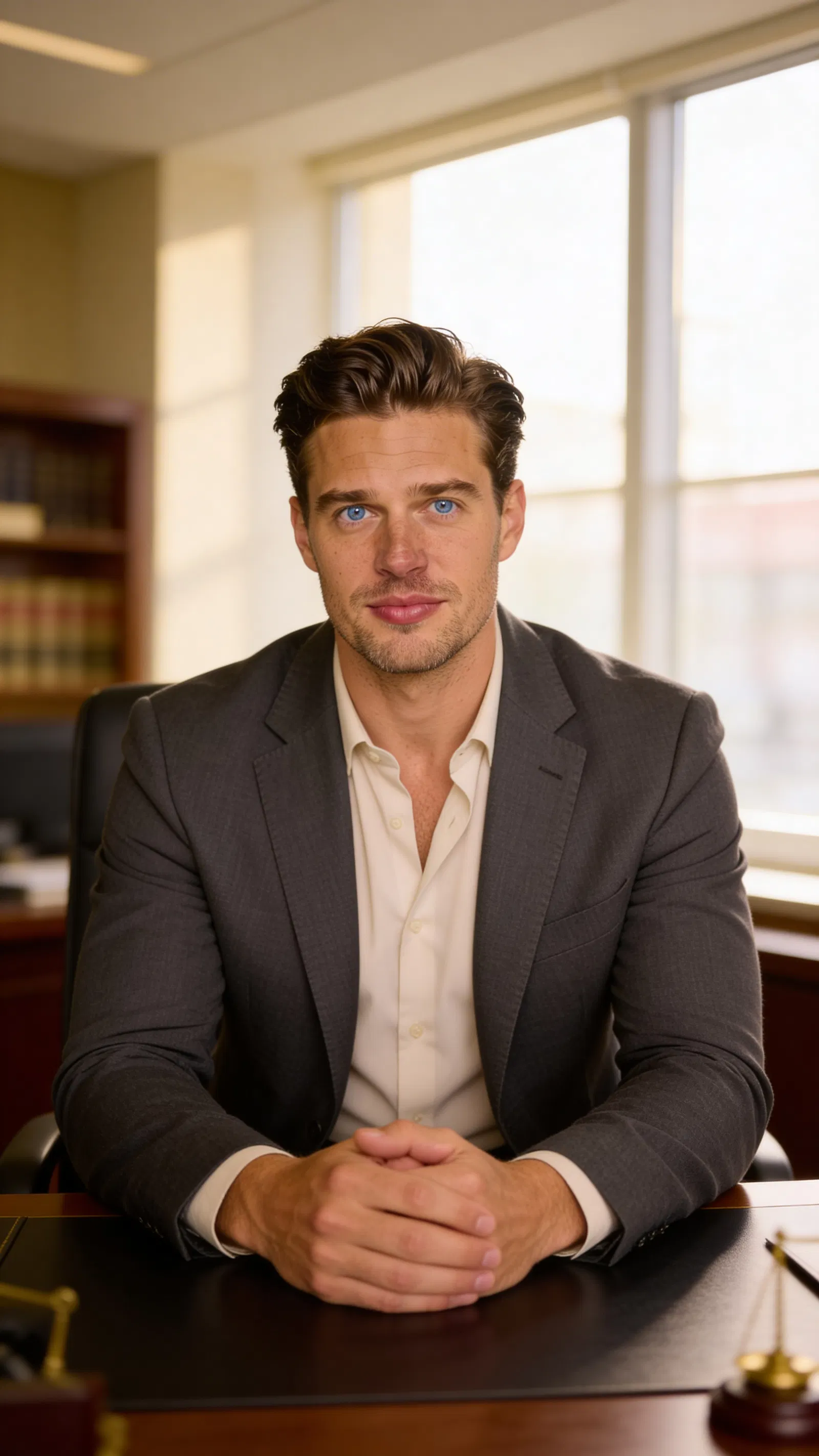 Consistent AI character half-body lawyer portrait seated in office with window light