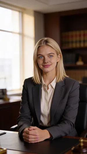 Consistent AI character half-body lawyer portrait seated in office with window light