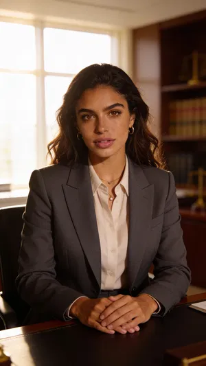 Consistent AI character half-body lawyer portrait seated in office with window light