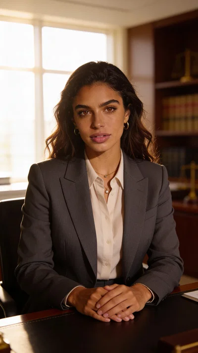 Consistent AI character half-body lawyer portrait seated in office with window light
