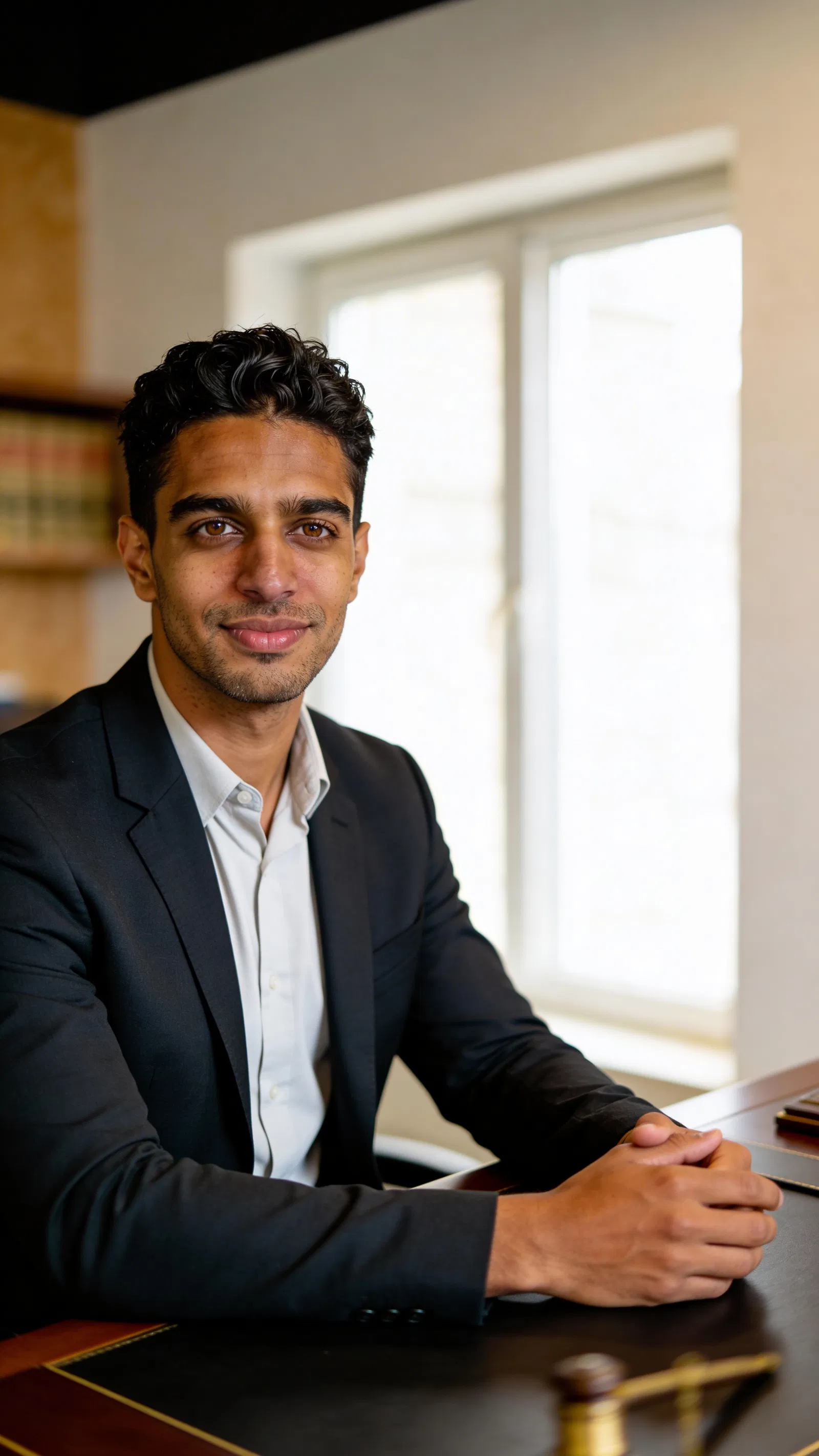 Consistent AI character half-body lawyer portrait seated in office with window light