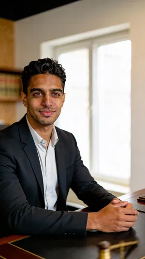 Consistent AI character half-body lawyer portrait seated in office with window light