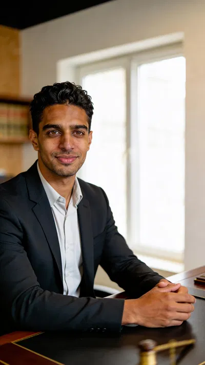 Consistent AI character half-body lawyer portrait seated in office with window light