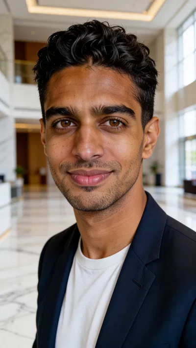 Consistent AI character in corporate lobby, polished LinkedIn headshot