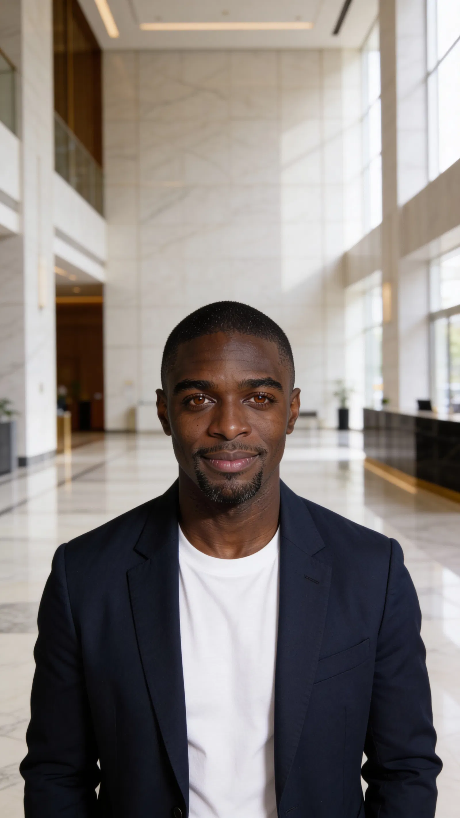 Consistent AI character in corporate lobby, polished LinkedIn headshot