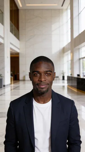 Consistent AI character in corporate lobby, polished LinkedIn headshot