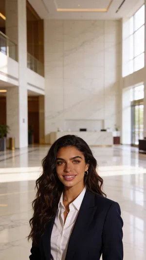 Consistent AI character in corporate lobby, polished LinkedIn headshot