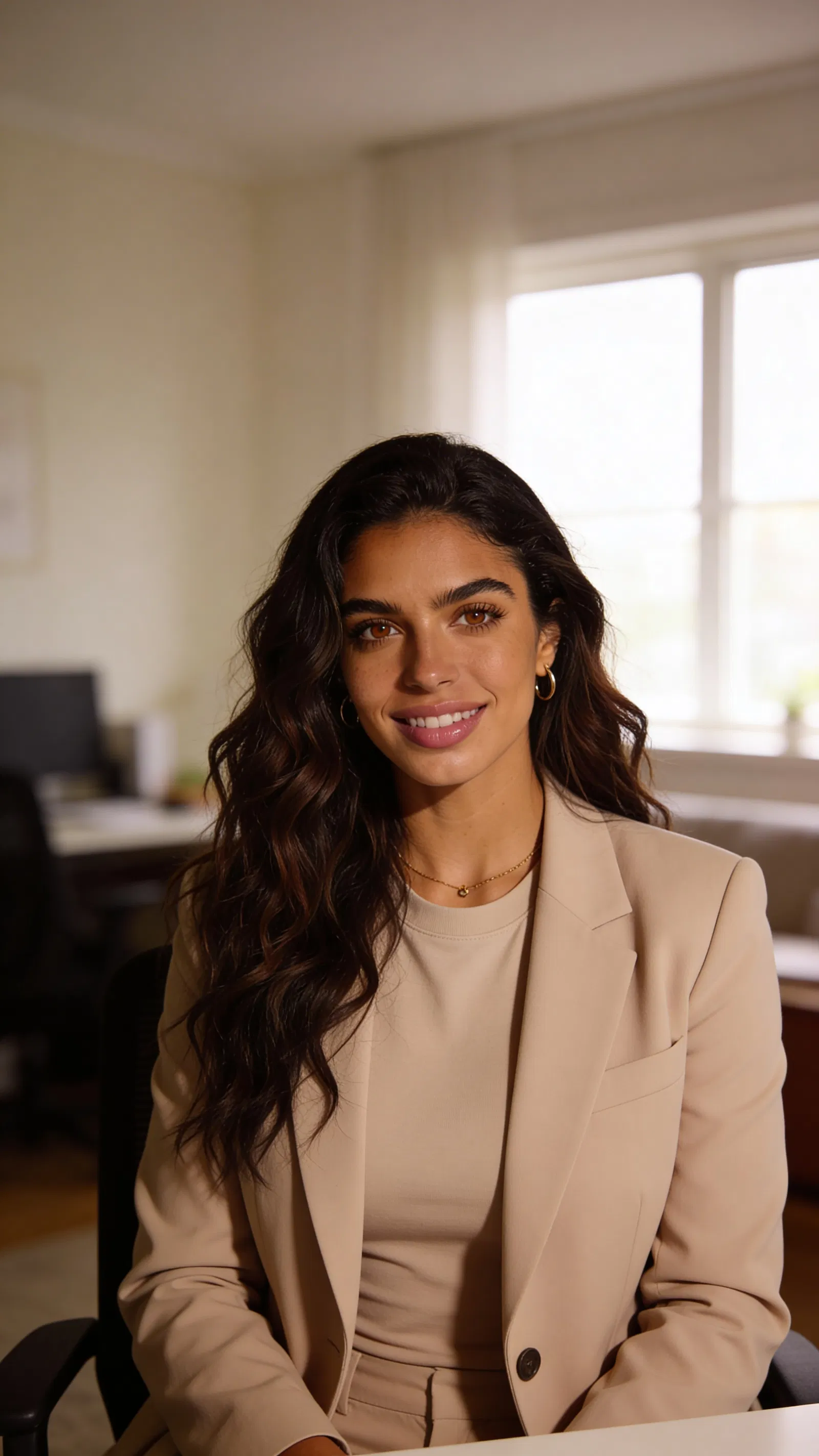 Consistent AI character LinkedIn-ready attorney headshot in clean home office