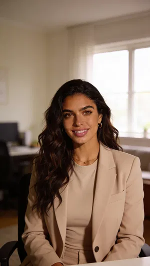 Consistent AI character LinkedIn-ready attorney headshot in clean home office