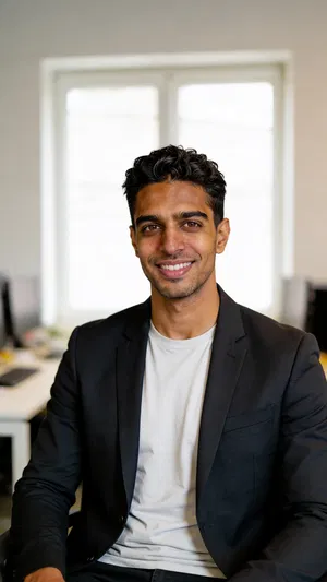 Consistent AI character LinkedIn-ready attorney headshot in clean home office