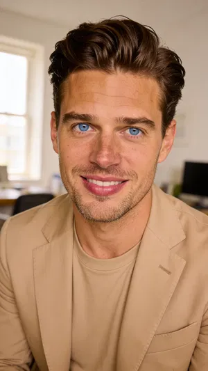 Consistent AI character LinkedIn-ready attorney headshot in clean home office