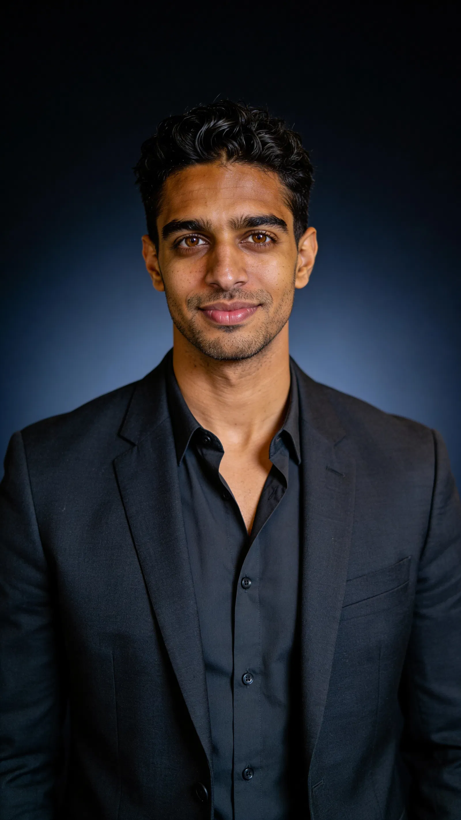 Consistent AI character modern attorney studio headshot with deep navy background