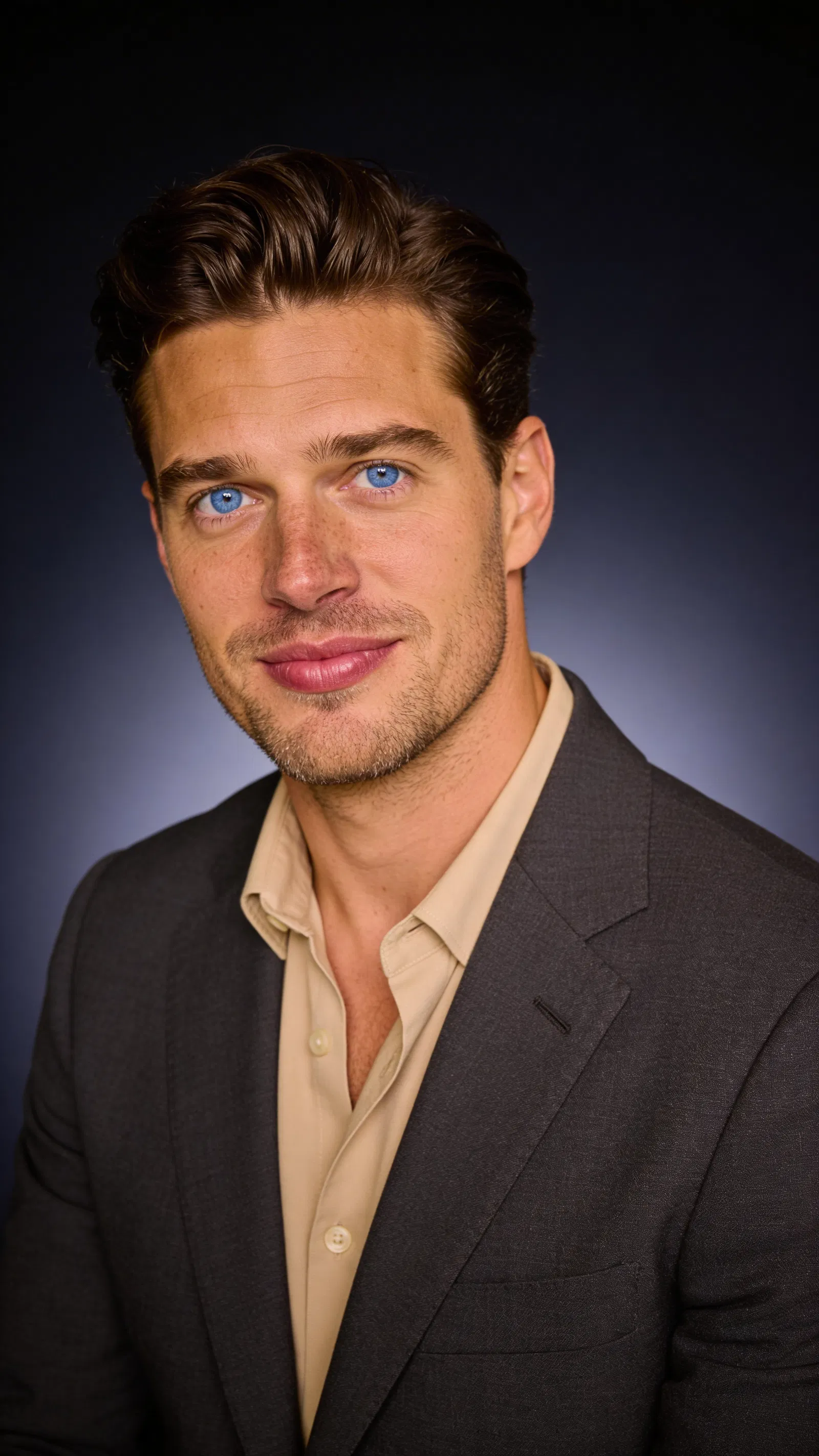 Consistent AI character modern attorney studio headshot with deep navy background