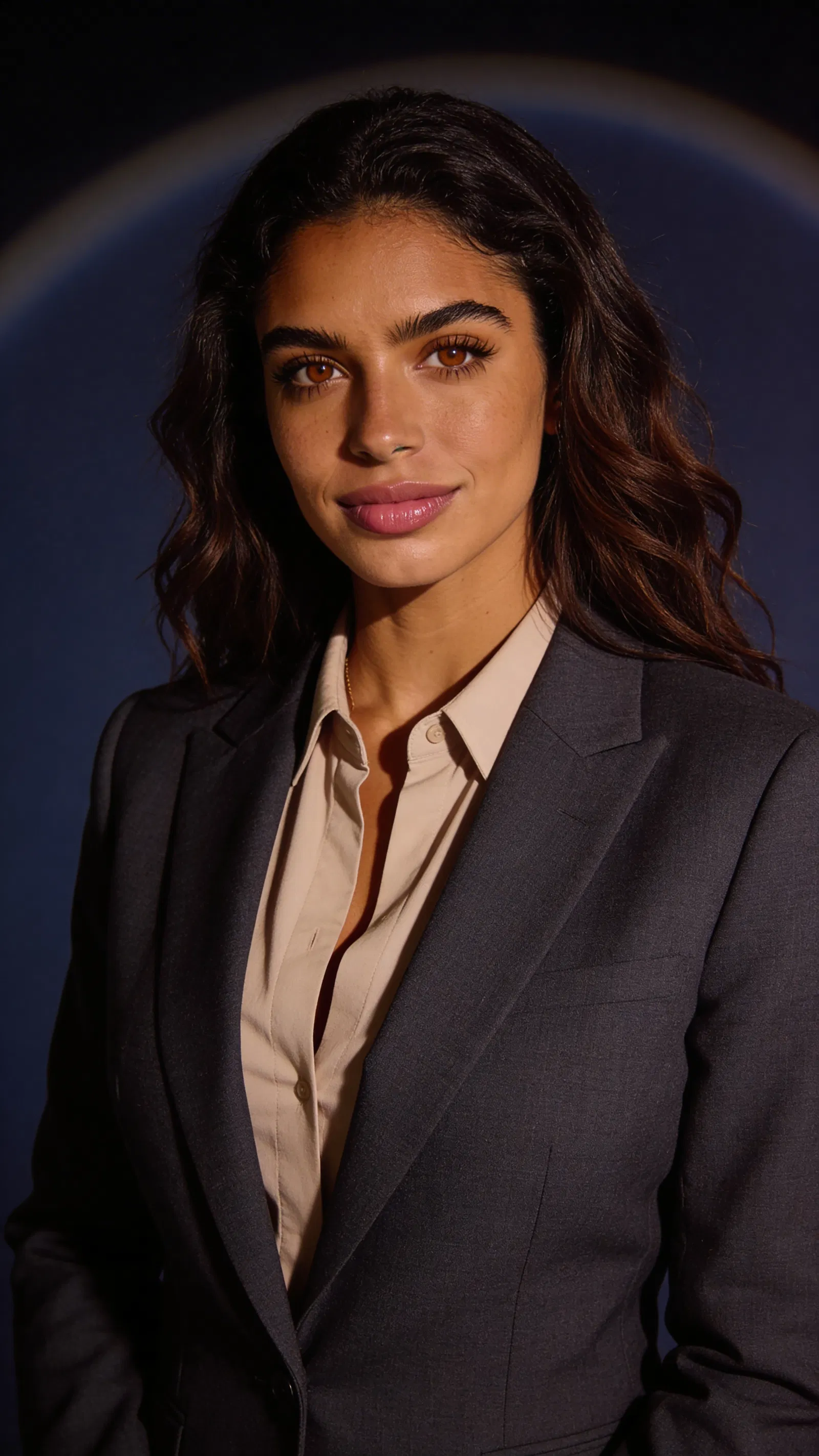 Consistent AI character modern attorney studio headshot with deep navy background