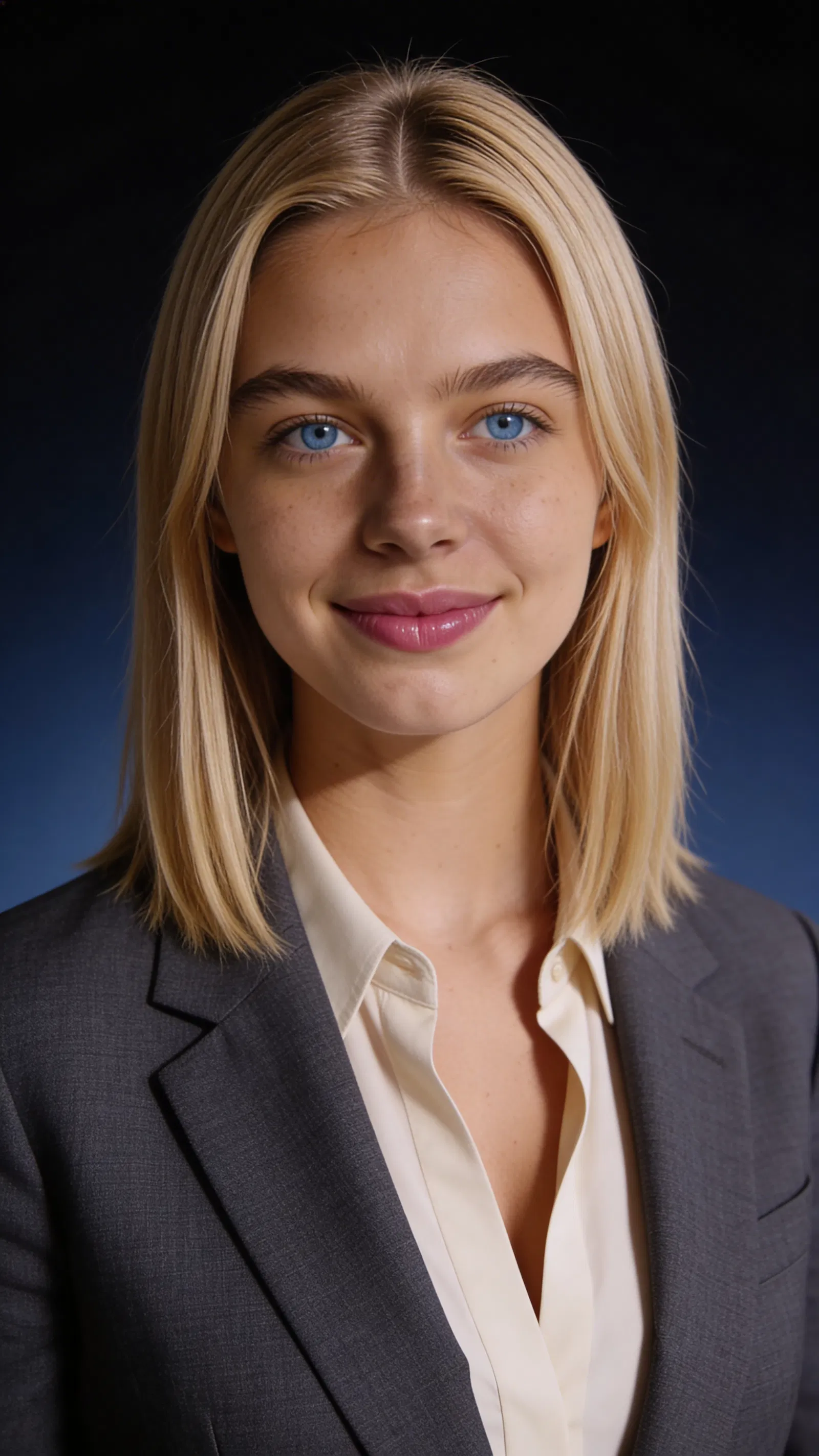 Consistent AI character modern attorney studio headshot with deep navy background
