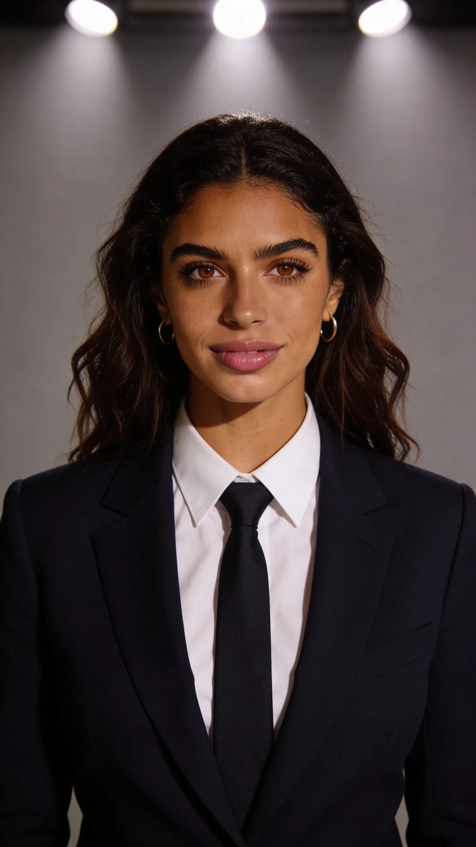 Consistent AI character studio attorney headshot with charcoal background and classic lighting