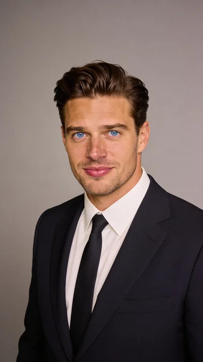 Consistent AI character studio attorney headshot with charcoal background and classic lighting