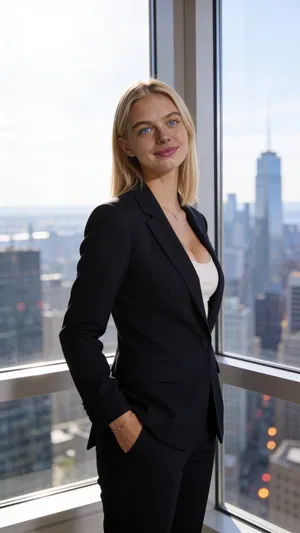 Consistent AI character three-quarter lawyer portrait by window with city bokeh