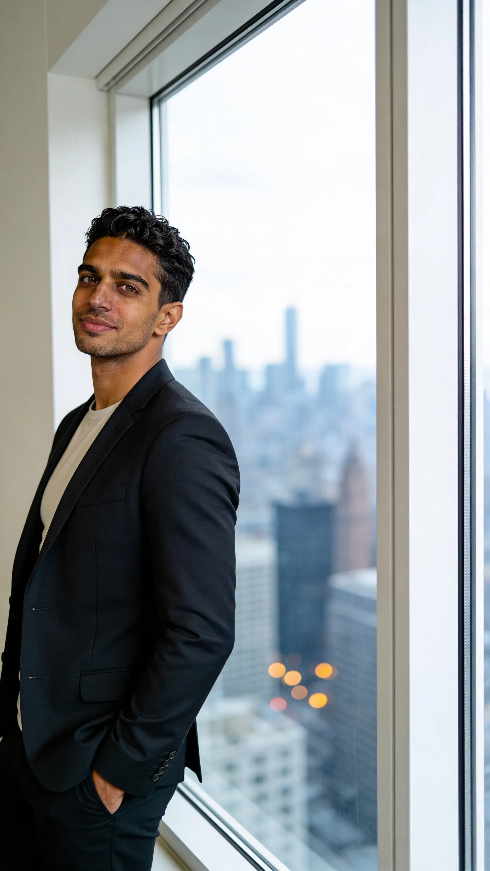 Consistent AI character three-quarter lawyer portrait by window with city bokeh