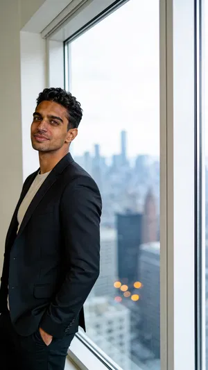 Consistent AI character three-quarter lawyer portrait by window with city bokeh