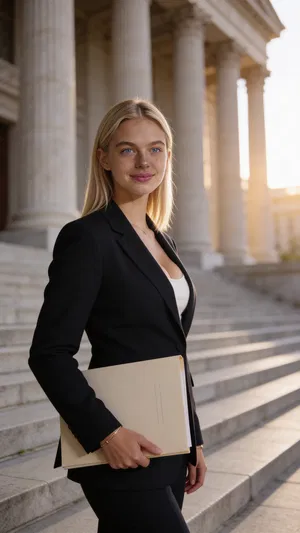 Consistent AI character three-quarter lawyer portrait on courthouse steps