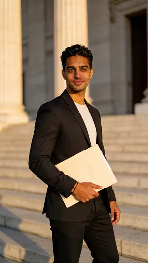 Consistent AI character three-quarter lawyer portrait on courthouse steps