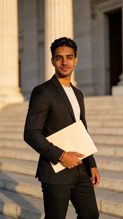 Consistent AI character three-quarter lawyer portrait on courthouse steps