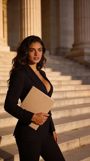 Consistent AI character three-quarter lawyer portrait on courthouse steps