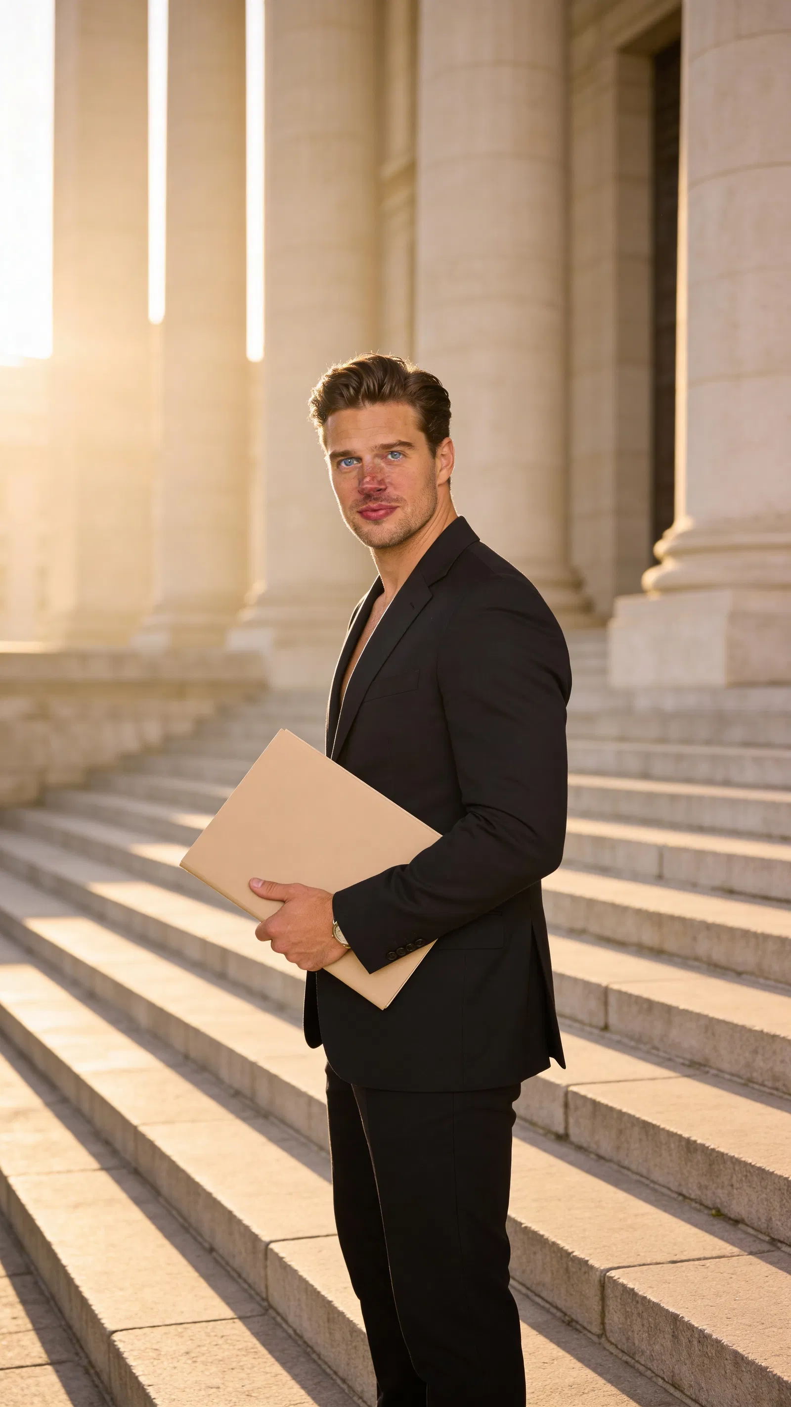 Consistent AI character three-quarter lawyer portrait on courthouse steps
