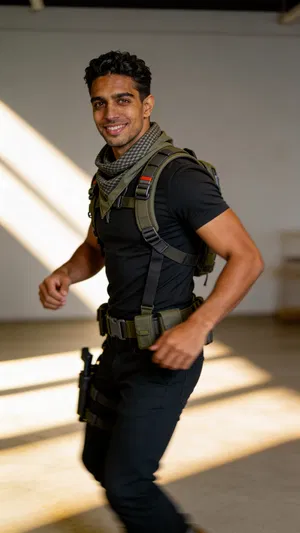 Consistent character adventurer cosplay in dynamic full-body action shot