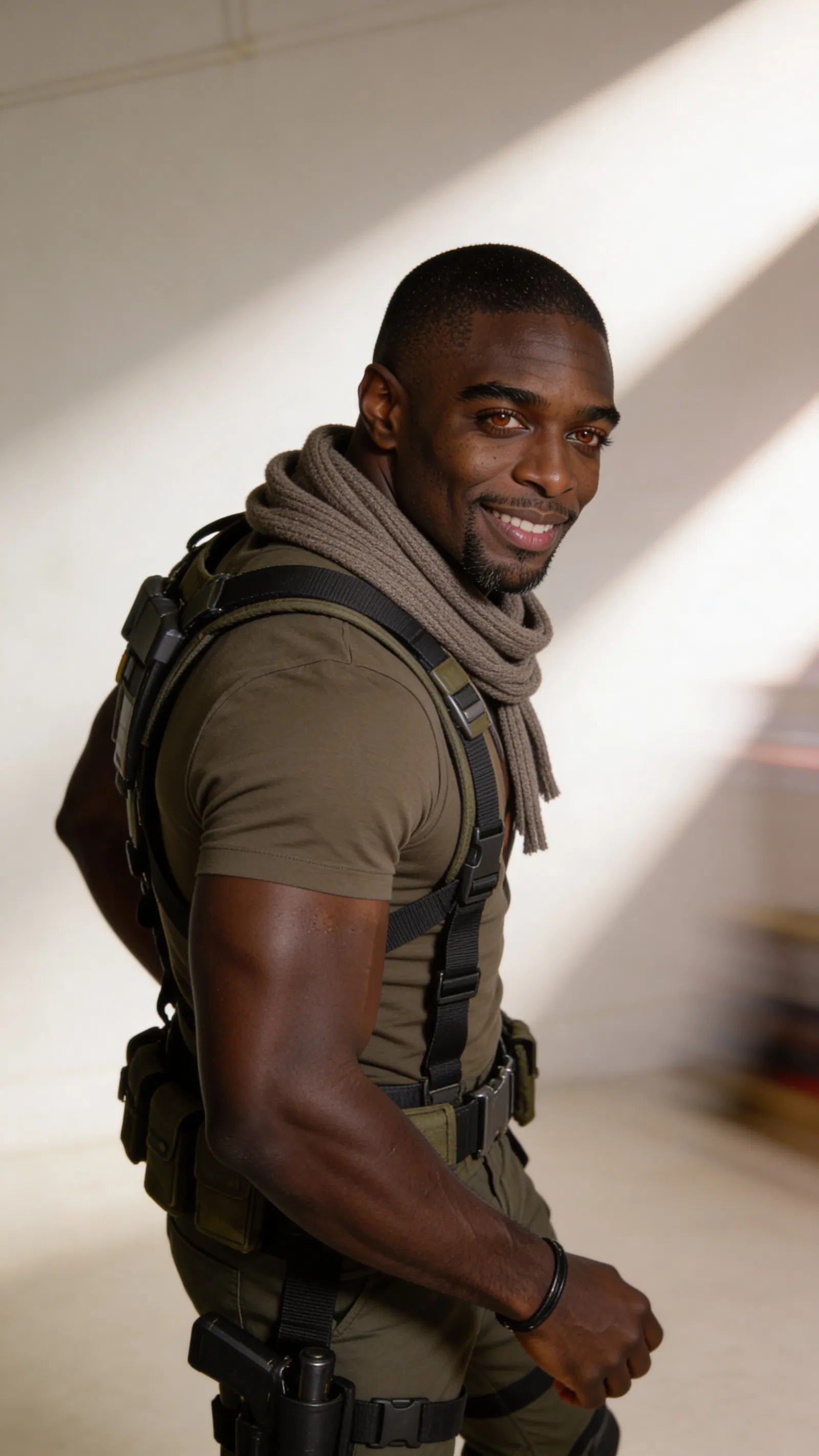 Consistent character adventurer cosplay in dynamic full-body action shot