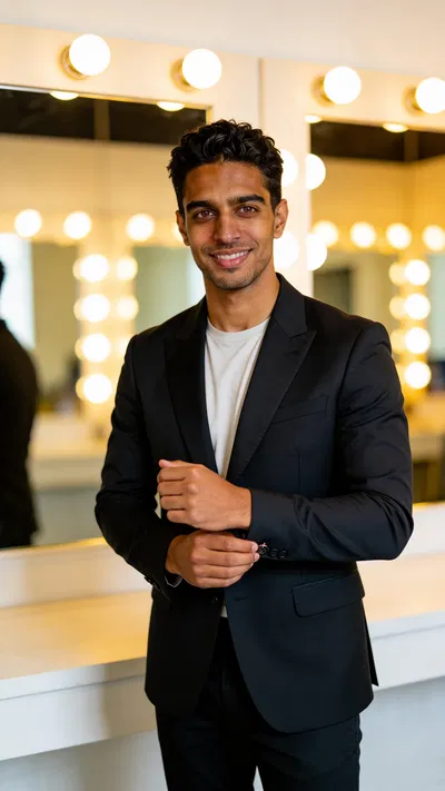 Consistent character backstage adjusting cufflinks in editorial portrait
