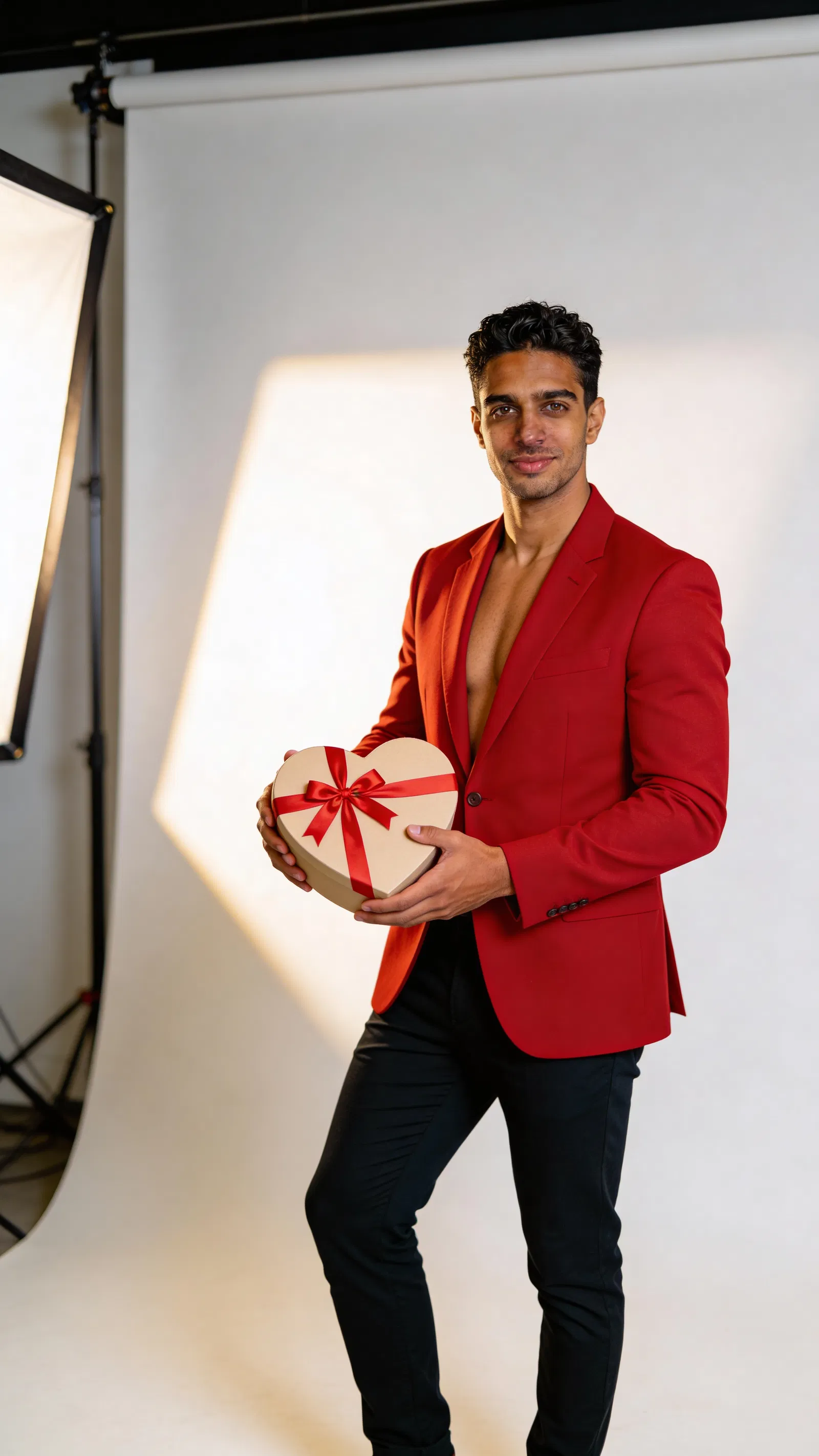 Consistent character full-body in red blazer holding gift box, studio lighting.