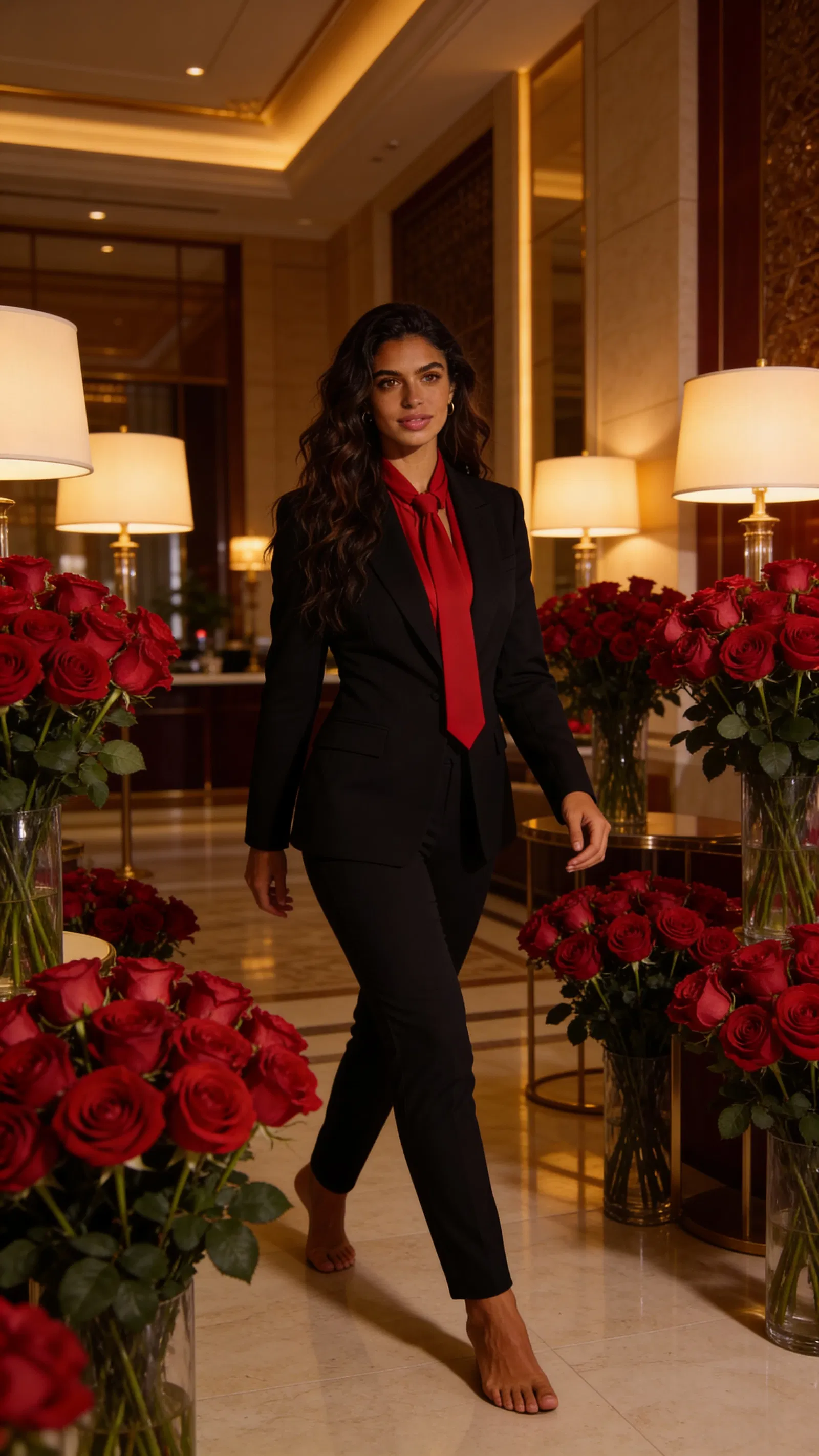 Consistent character full-body walking in elegant lobby with roses.