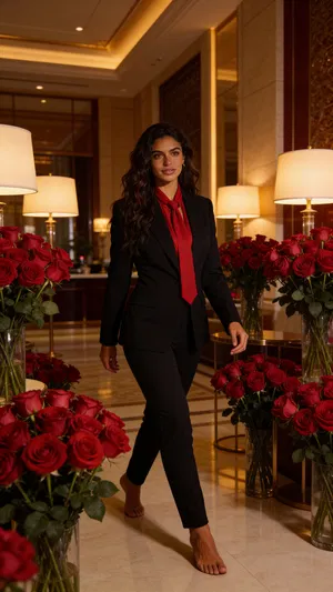 Consistent character full-body walking in elegant lobby with roses.