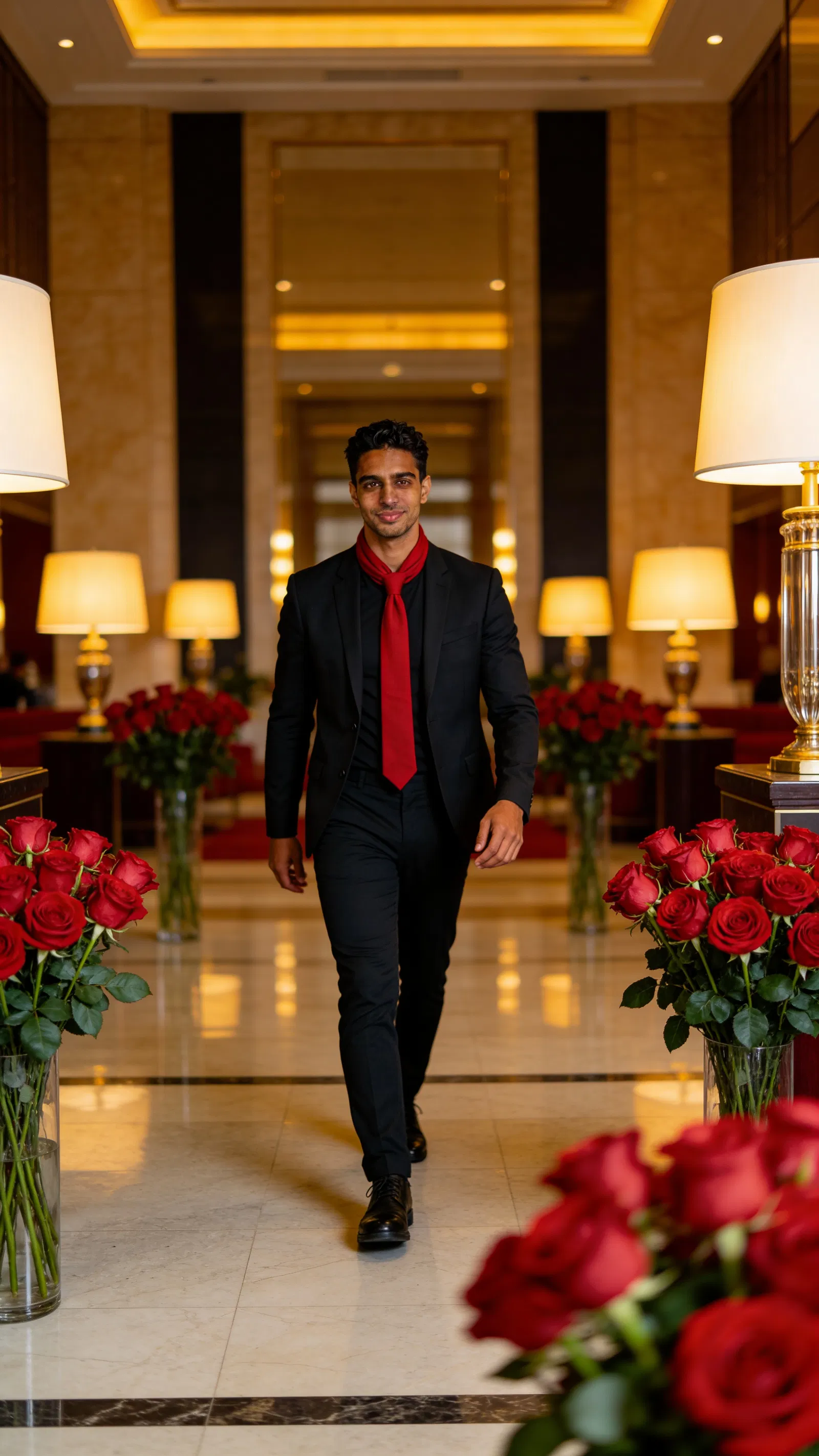 Consistent character full-body walking in elegant lobby with roses.