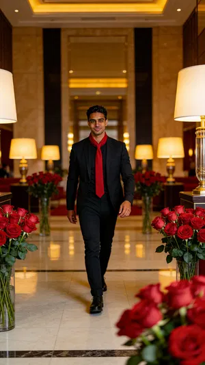 Consistent character full-body walking in elegant lobby with roses.