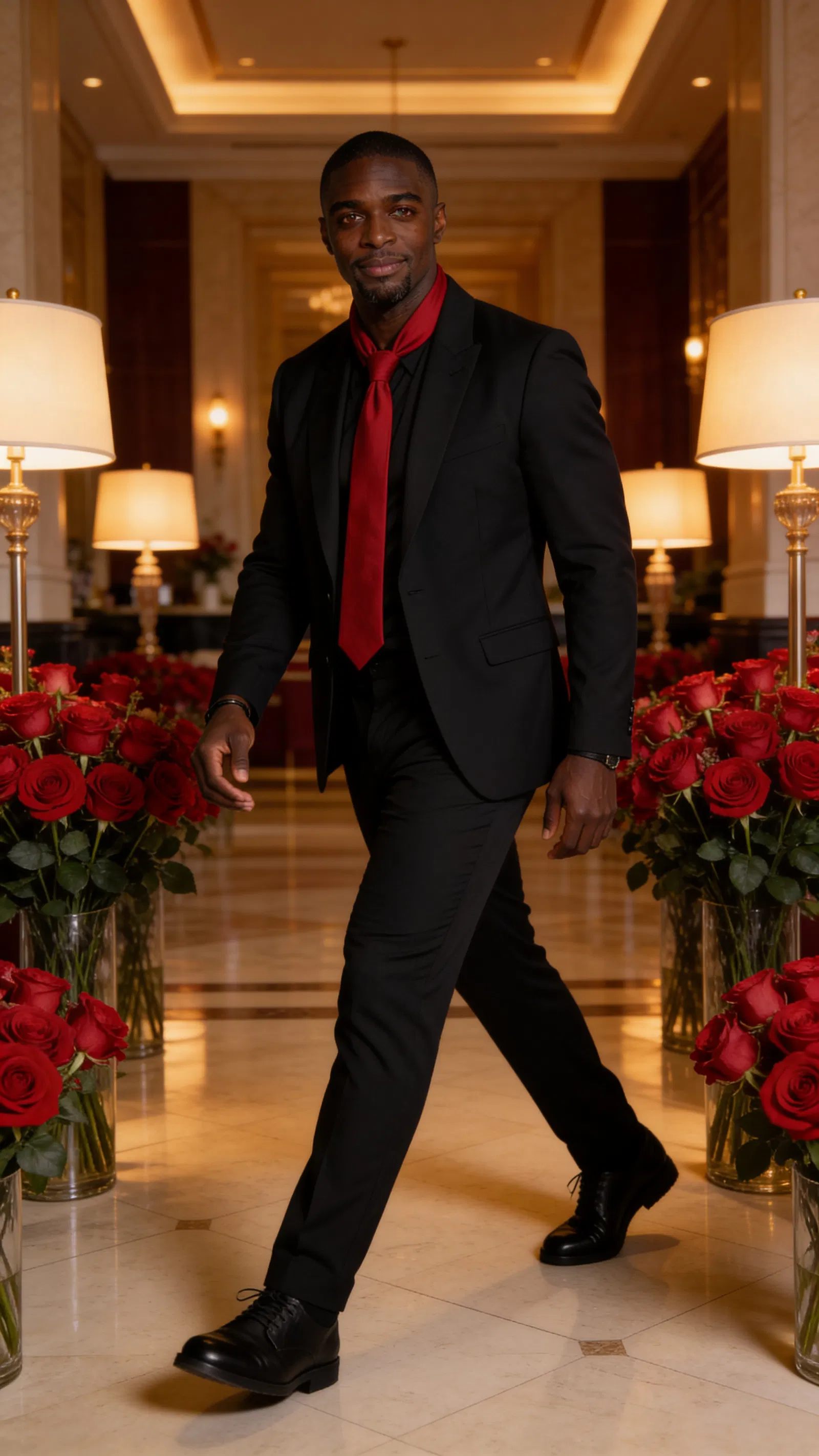 Consistent character full-body walking in elegant lobby with roses.