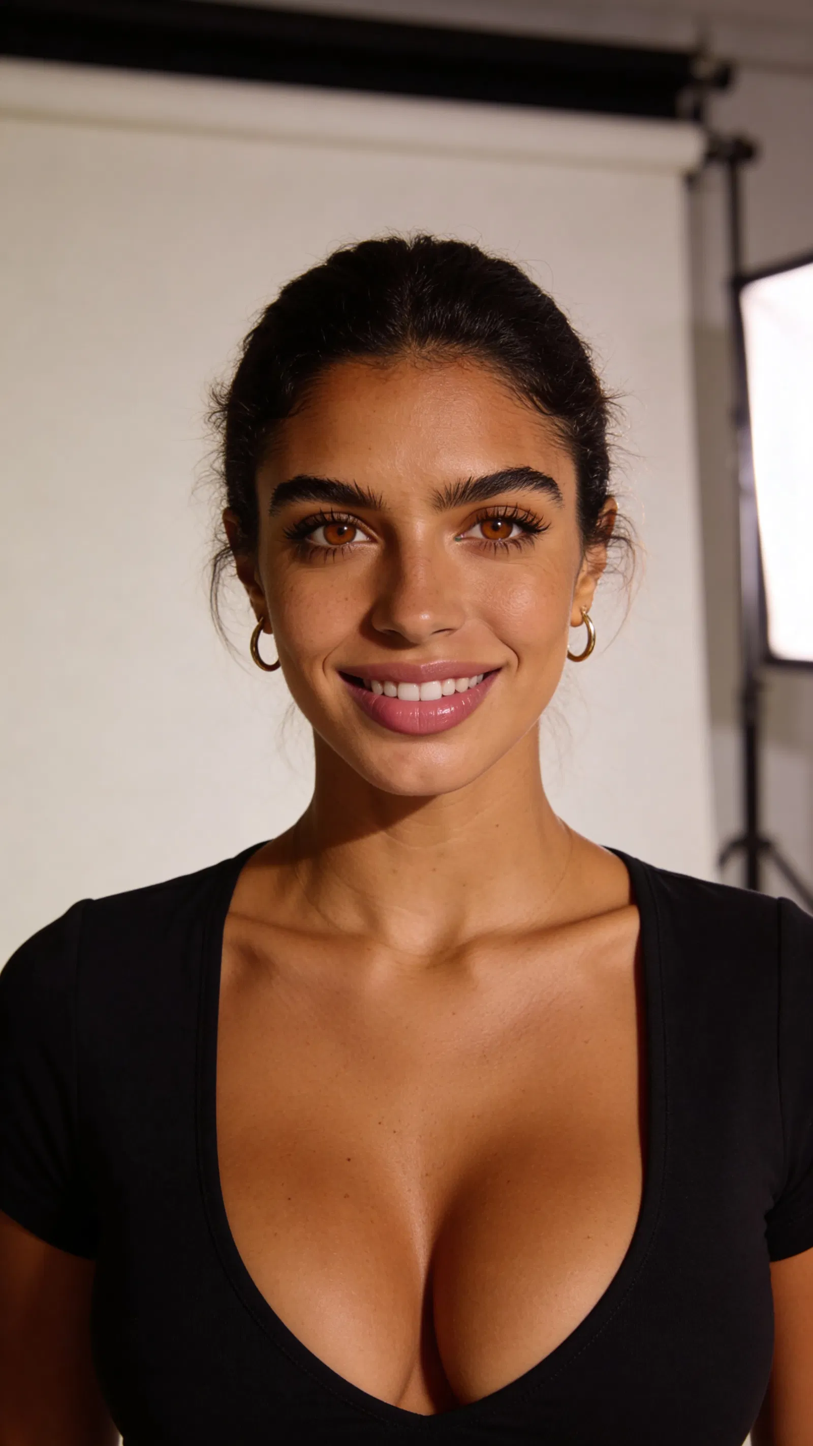 Consistent character headshot in clean creator studio lighting