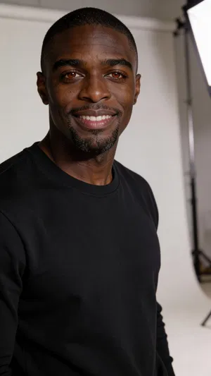 Consistent character headshot in clean creator studio lighting