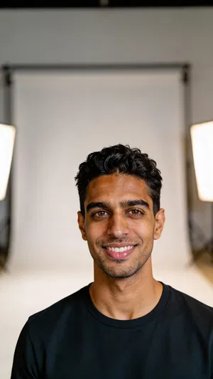 Consistent character headshot in clean creator studio lighting