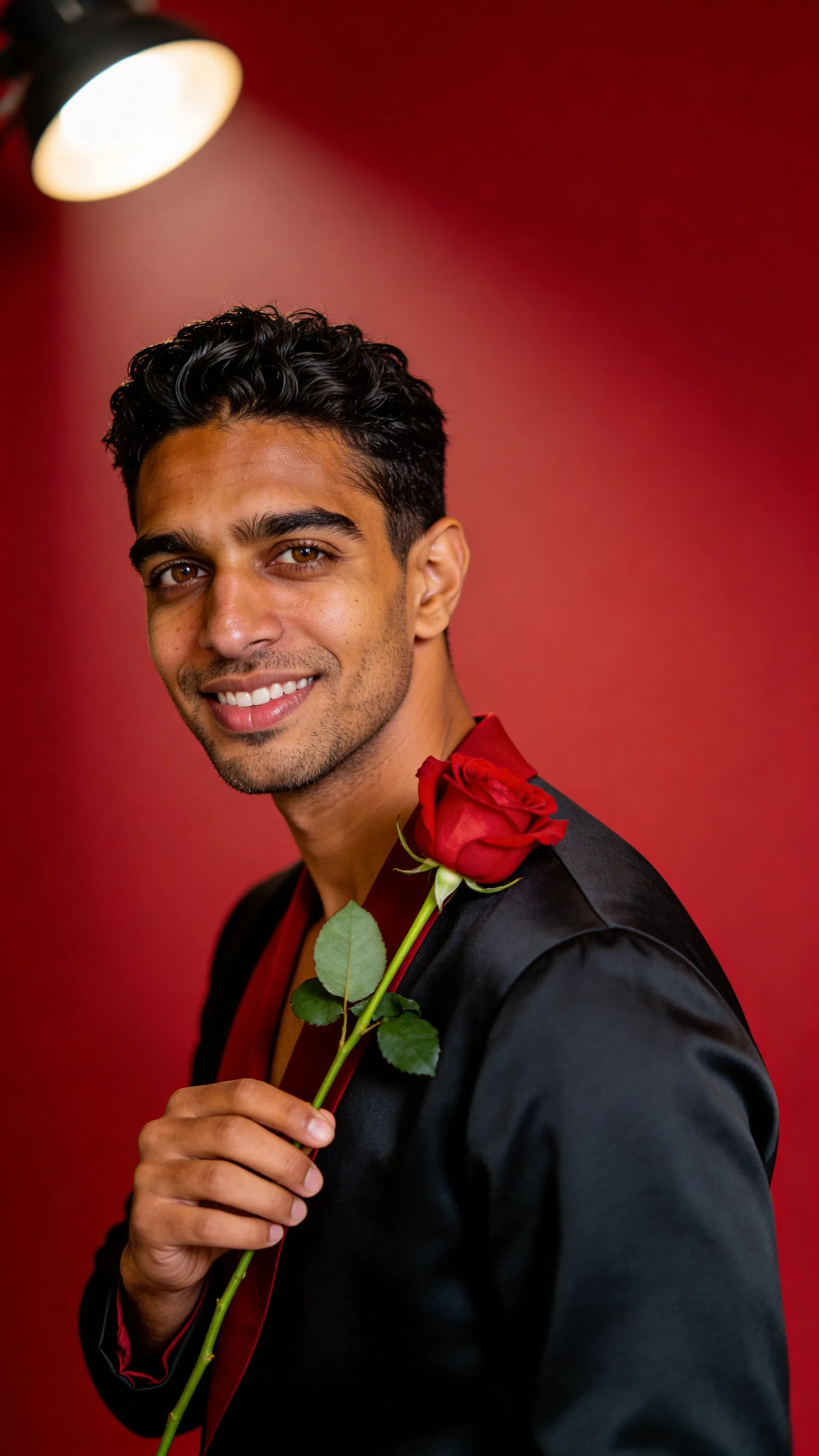 Consistent character headshot with red backdrop and single rose.