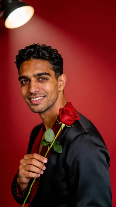 Consistent character headshot with red backdrop and single rose.